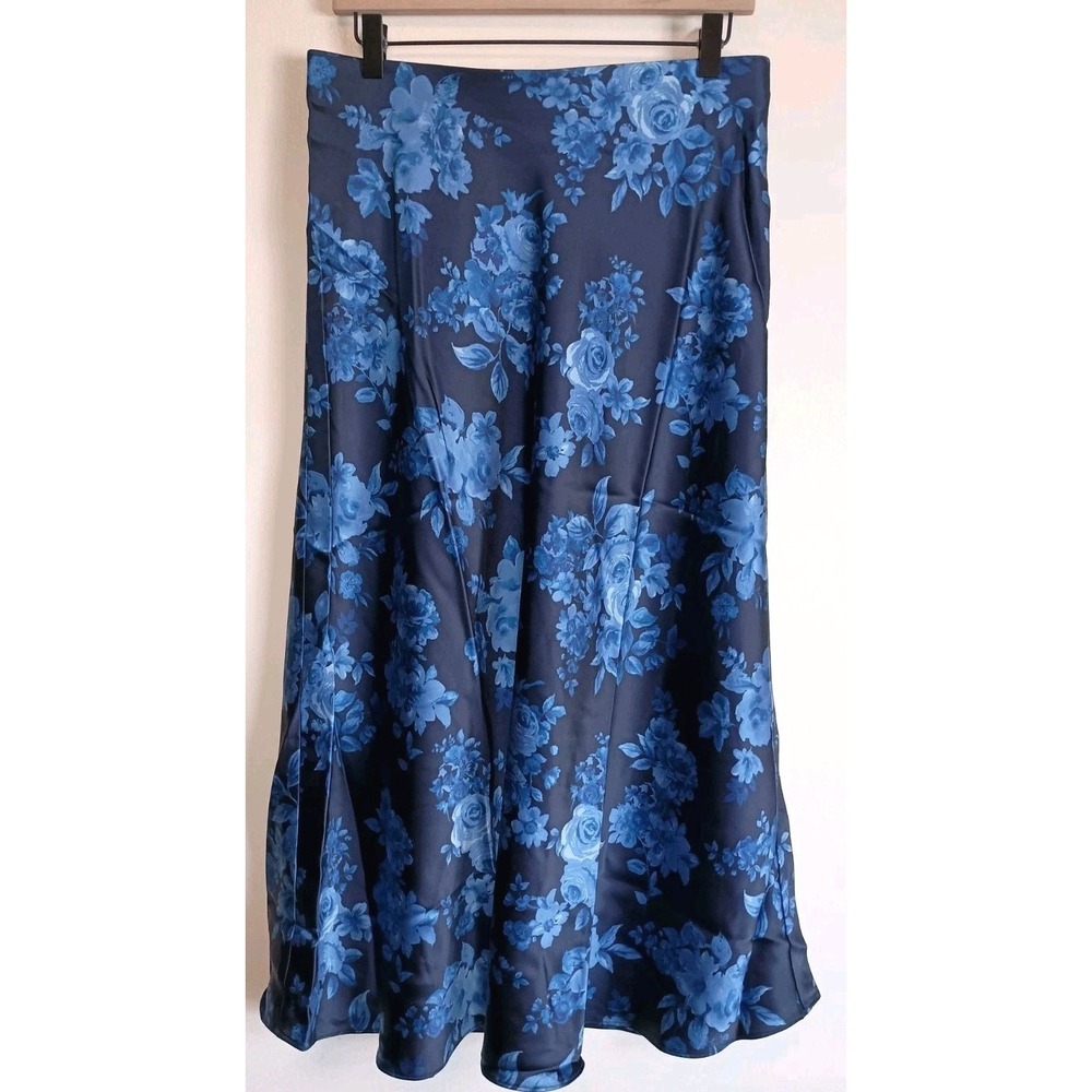 Talbots Petite Satin Floral Midi Skirt‎ Navy Blue A-Line 8P NWOT